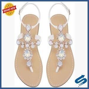 Rhinestone Gladiator Sandals Flat Wedding Bohemian Gem Pearl Sparkling Bridal